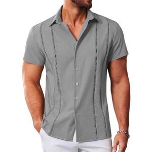Men's Button Down Shirt Casual Short Sleeve Dress Shirts Gray Beach S Small New